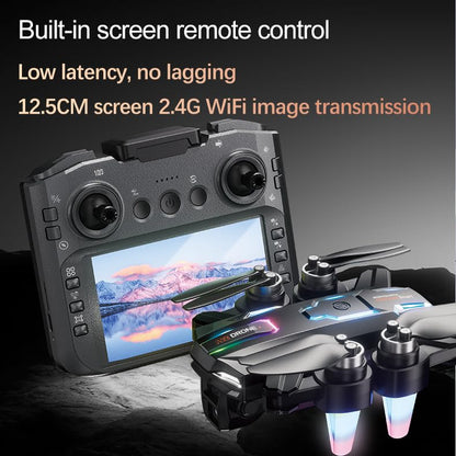 Foldable Drone with 8K ESC Dual Camera, Built‑in Screen Remote Controller, Brushless Motor, 4‑Way Obstacle Avoidance, Optical Flow Hover, 90° Adjustable Lens, RGB Night Lights Quadcopter for Adults Beginners