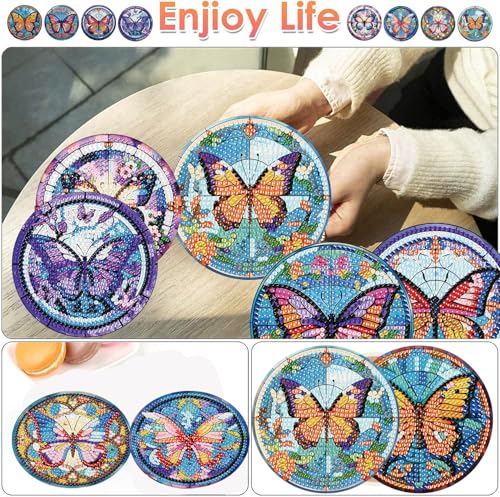 ijbnhd 8 Pcs Butterfly Diamond Painting Coasters Kits with Holder - color: Butterfly