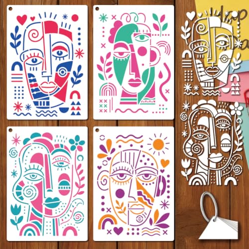 4 Sheets Abstract Face Pattern Stencil for Painting, Modern Geometric Human Face Silhouette Drawing Stencil Reusable Art Template for Painting on Tile Wall Floor Scrapbooking
