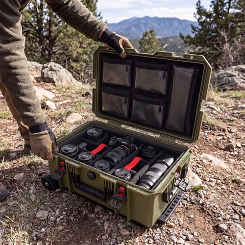 Weatherproof Hard Case, Stackable Trolley Case with Wheels, Hook and Loop Divider & Strap, IP67 Waterproof Box for Camera, Drones and Gear, 21.7" x 13.8" x 8.7", Olive Green - color: Olive Green