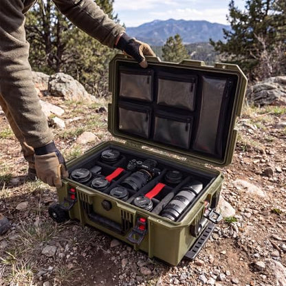 Weatherproof Hard Case, Stackable Trolley Case with Wheels, Hook and Loop Divider & Strap, IP67 Waterproof Box for Camera, Drones and Gear, 21.7" x 13.8" x 8.7", Olive Green - color: Olive Green