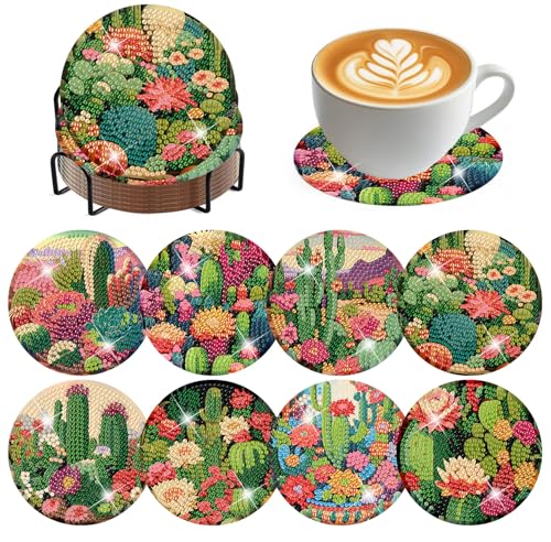 ijbnhd 8 Pcs Cactus Diamond Art Coasters Kit Diamond Painting Coasters - color: Cactus