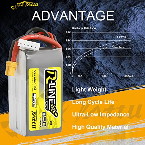 Tattu 850mAh 4s 95C 14.8V R-Line Lipo Battery Pack with XT30 Plug - size: 1 Pcs
