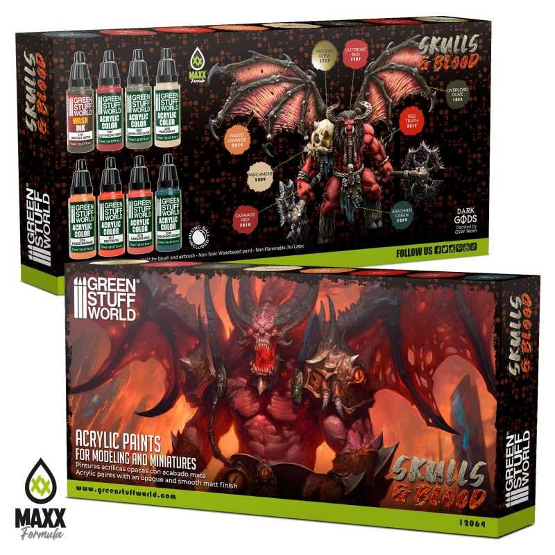 Green Stuff World Maxx Formula Acrylic Paint Set, Skulls & Blood, 8 Colors, 17ml Dropper Bottles 12064