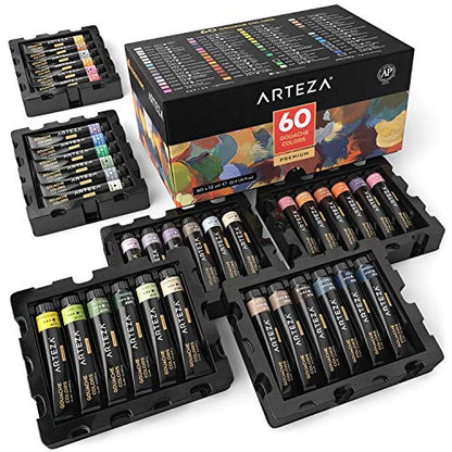 Arteza Gouache Paint and Canvas Panels Bundle, Painting Art Supplies for Artist, Hobby Painters & Beginners