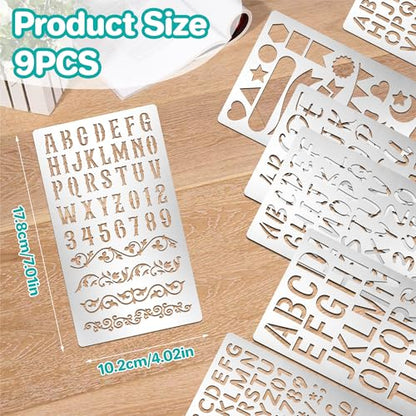9Pcs Metal Letter Number Stencils,Reusable Alphabet Wood Burning Stencils