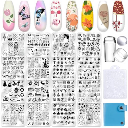 Biutee 16Pcs Nail Art Stamping Plates Silicone Stamper Scraper Storage Bag - color: 20PCS