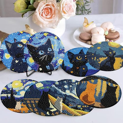 Ekuxom 8 Pcs Cat Diamond Art Coasters Kits with Holder - color: Cat