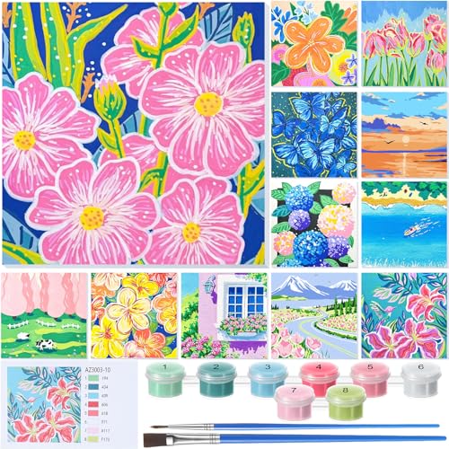 Nezyo 12 Sets Paint by Numbers with Frame for Adults, DIY Acrylic 8x8in - style: Landscape