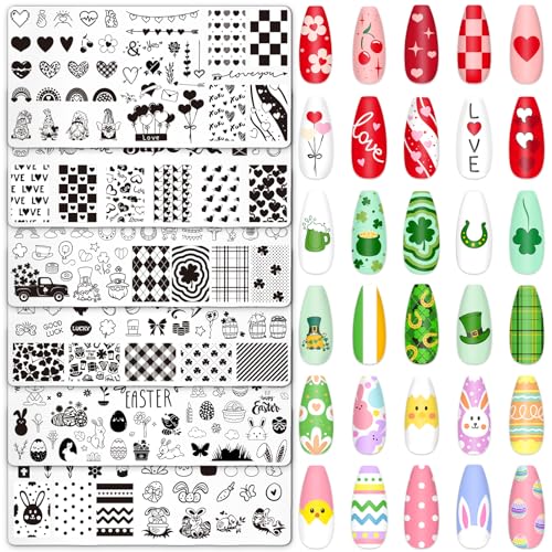 Whaline 6 Pcs Valentine's Day St. Patrick's Day Easter Nail Plates Stamping Set Heart Shamrock Egg Stamp Templates Nail Art Plates for DIY Print Manicure Salon Design - style: Valentine's Day St. Patrick's Day Easter