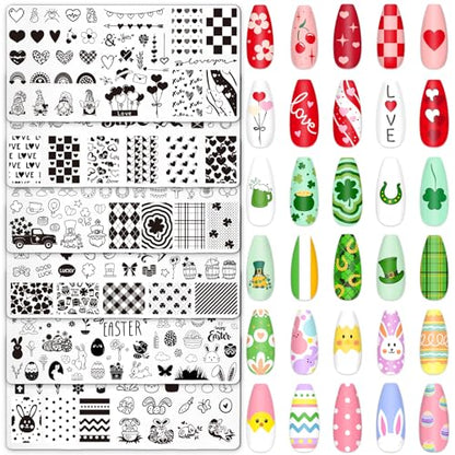 Whaline 6 Pcs Valentine's Day St. Patrick's Day Easter Nail Plates Stamping Set Heart Shamrock Egg Stamp Templates Nail Art Plates for DIY Print Manicure Salon Design - style: Valentine's Day St. Patrick's Day Easter
