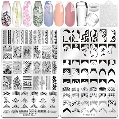 Biutee Nail Stamping Plate 2Pcs French Tip Lace Stamp Plates 110 Patterns - color: Rose Pink