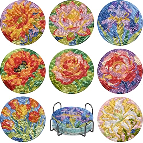 Leatrice 8 Pcs Diamond Art Coasters Small Diamond Painting Kits for Adults - color: AB Flower