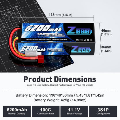 Zeee 3S Lipo Battery 6200mAh 11.1V 100C with T Connector (2 Pack)