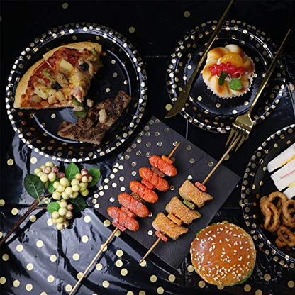 12 Pack Plastic Tablecloths for Rectangle Tables, Black Gold Table Covers - color: Black and Gold, size: 54" x 108" (12 Pack)