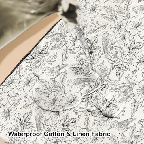Boho Makeup Bag, Line Art Floral Bird Cosmetic Bag Makeup Organizer Pouch - color: SketchFlower