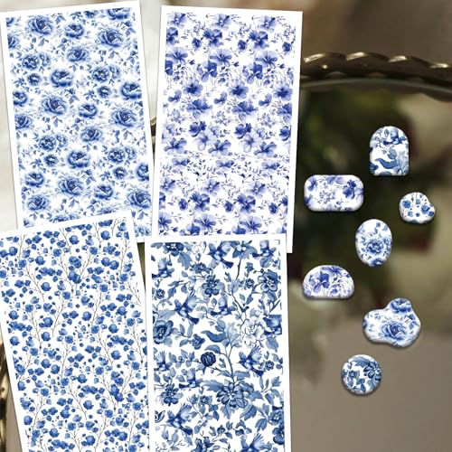 OLYCRAFT 24Pcs 4 Styles Blue Flower Clay Transfer Paper for Polymer - style: Porcelain Flower