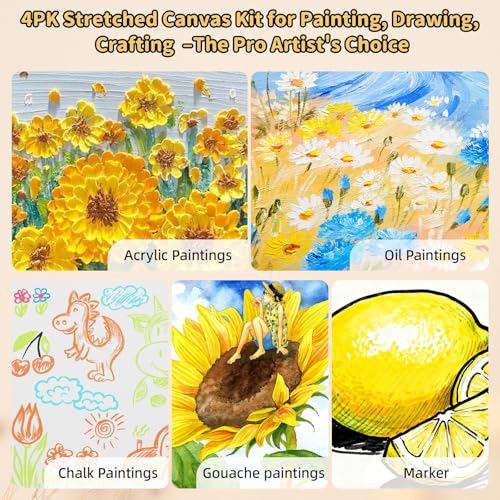 4-Pack 24x24 Square Stretched Canvas Cotton for Oil & Acrylic (60 x 60 cm) - size: 4PK - 24"x24"