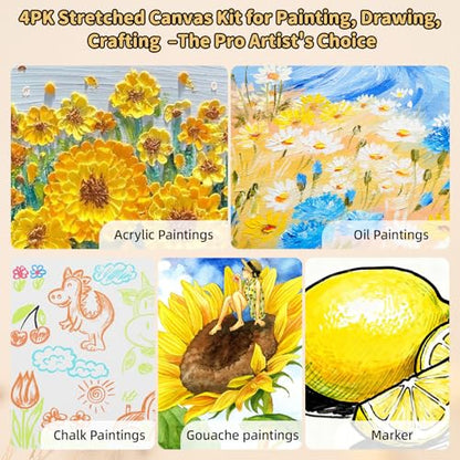 4-Pack 24x24 Square Stretched Canvas Cotton for Oil & Acrylic (60 x 60 cm) - size: 4PK - 24"x24"