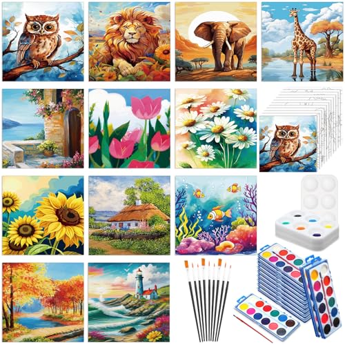 Ctosree 12 Sets Pre Drawn Canvas Kit for Painting,Mixed Style,8 x 8 in - size: 8 x 8 in, style: Mixed Style
