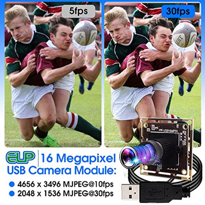 ELP 16 Megapixel USB Camera Module with 75degree No Distortion Lens 3496P 6K Embedded Webcam Board for Computer 16mp CMOS IMX298 USB2.0 Video Raspberry Pi Web PC Camera for 3D printer Bar/QR Code Scan