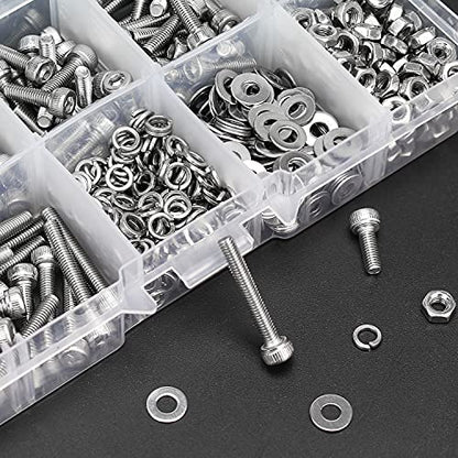 HELIFOUNER 500 Pieces M3 x 6mm /8mm /10mm /12mm /16mm /20mm, Hex Socket Head Cap Metric Screws Bolts Washers Nuts Kit, 304 Stainless Steel - size: M3