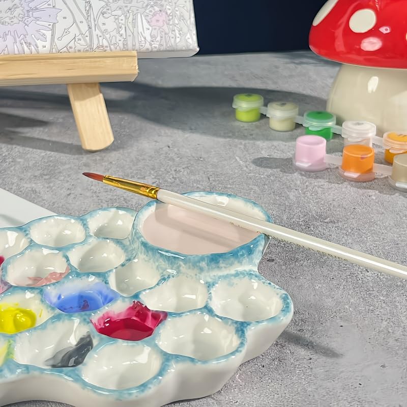 Blue Ceramic Paint Palette with Built-in Washing Area and Large Mixing Area