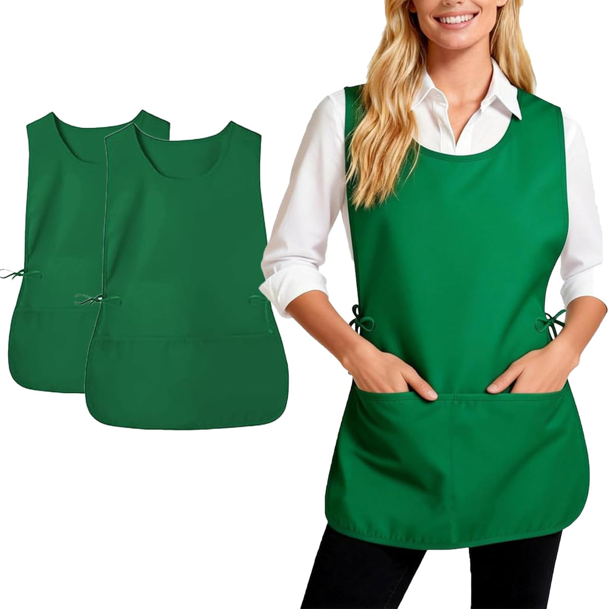 Cobbler Apron Unisex Smock Apron with Side Ties and 2 Deep Pockets Unisex Apron for work kitchen - color: 2pack-green