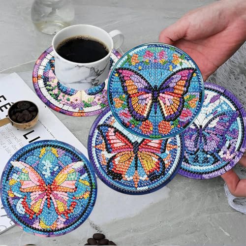 ijbnhd 8 Pcs Butterfly Diamond Painting Coasters Kits with Holder - color: Butterfly