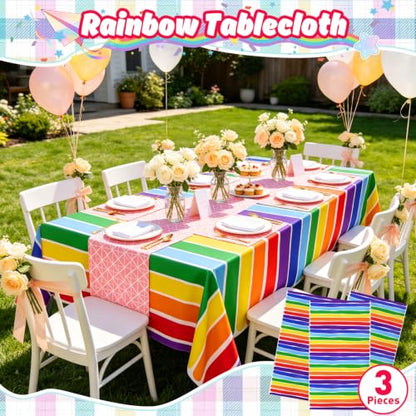 PHOGARY 3 Pack Rainbow Theme Tablecovers for Party Decoration, Disposable Plastic Rectangular Table Covers, Rainbow Parties Tablecloth Summer Beach Kids Birthday Cocktail Party Supplies