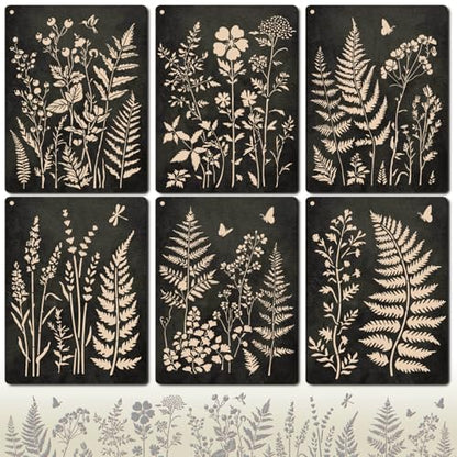 Botanical Wall Stencil Kit for Painting - Large Reusable Plastic Fern, Leaf & Flower Templates, 6 Pack DIY Seamless Stencils for Crafts, Canvas & Home DéCor Art - size: 14.5in x 11in
