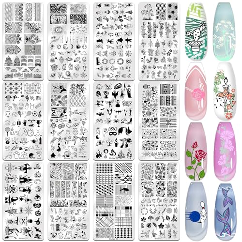 Biutee Nail Stamping Plate Set 12Pcs Nail Stamping Kit with Nail Stamper - color: 15 PCS