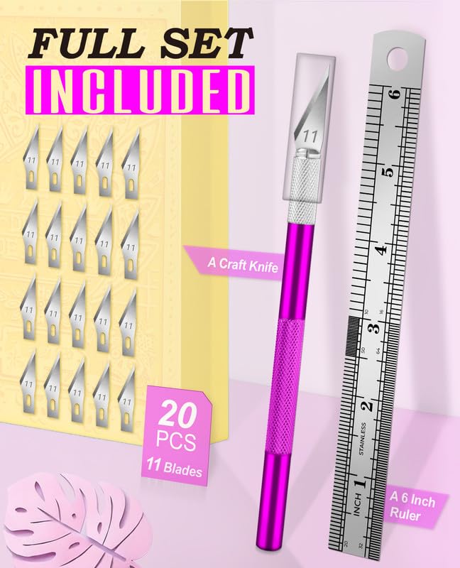 DIYSELF Craft Knife Set with 20 Extra #11 Blades, Aluminum Handle, Ruler - color: Purple-20blades