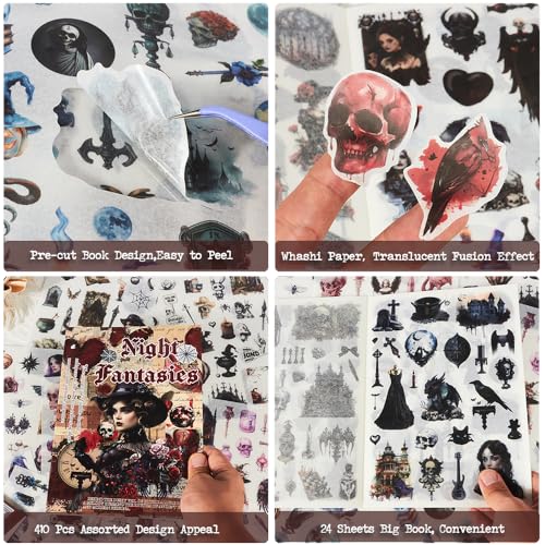 Gothic Sticker Book, Precut Halloween Washi Stickers for Journaling - color: Gothic Dark Night