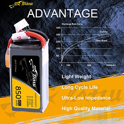 TATTU 850mAh 11.1V 45C 3S LiPo Battery Pack with XT30 Plug for Multirotor FPV 150 180 Size Quadcopter