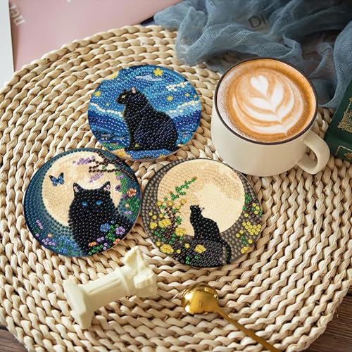 askkqtx 8 Pcs Black Cat Diamond Art Coasters Kits with Holder 4X4 Inch - color: Coasters-bdwy340