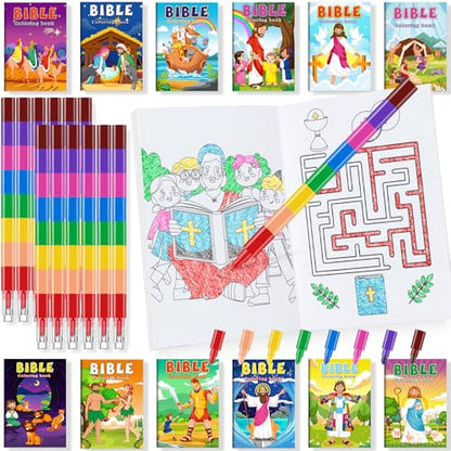 BenLouis 24 Christian Mini Coloring Books with 24 Crayons for Kids Bulk - style: Christian