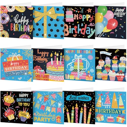 Saillong 12 Pack Black Happy Birthday Diamond Art Card with Envelopes - color: Birthday