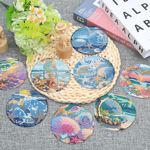 Ekuxom 8 PCS Beach Diamond Art Coasters Kits with Holder - color: Beach-2
