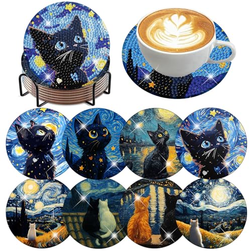 Ekuxom 8 Pcs Cat Diamond Art Coasters Kits with Holder - color: Cat