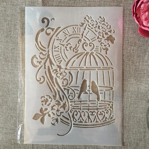 TIAMECH A4 Reusable Vintage Birdcage Clock Stencil for Painting - style: Birdcage Clock