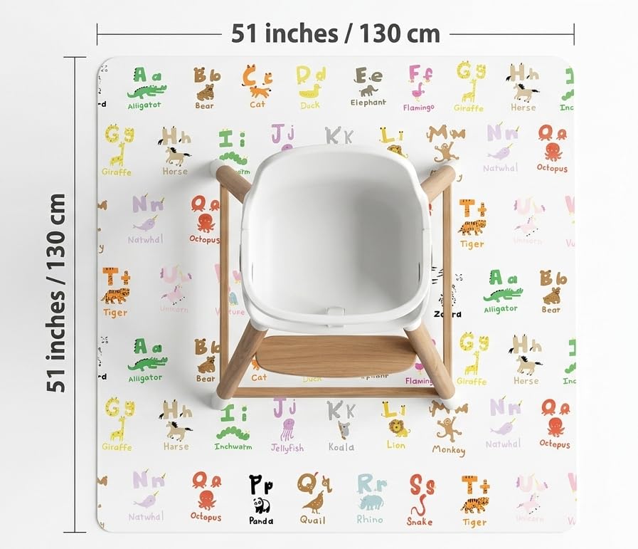 Splat Mat for Under High Chair, Waterproof Washable High Chair Floor Mat - color: Zoo Alphabets