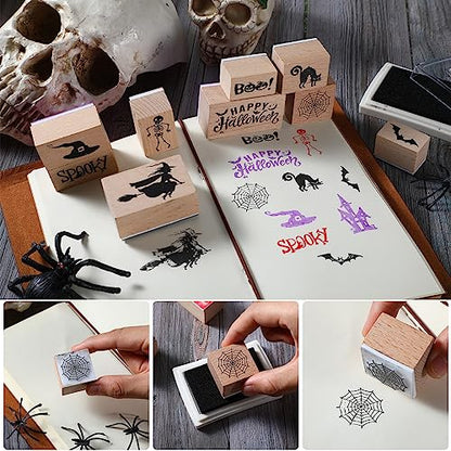 Woanger 15 Pcs Halloween Wooden Rubber Stamps and Craft Ink Pads Craft Card Pads Wooden Rubber Stamp for Scrapbooking DIY Stamps Paper Wood Fabric Halloween Holiday - color: Frightful