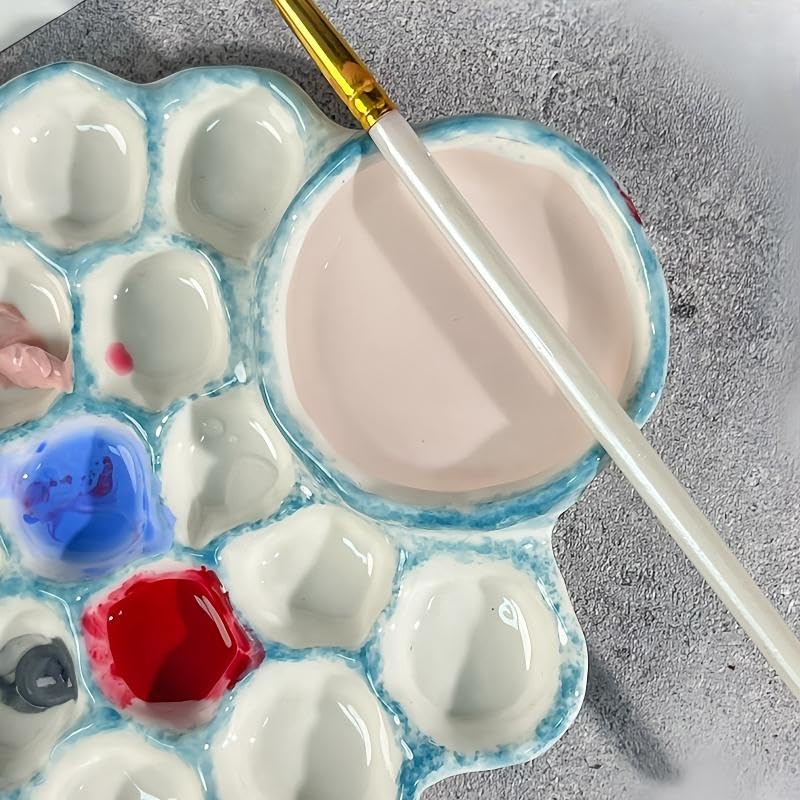 Blue Ceramic Paint Palette with Built-in Washing Area and Large Mixing Area