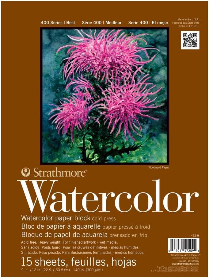 Strathmore 400 Series Watercolor Block, Cold Press, Bound (4 Sides), 15 Sheets/Block, White, 9 x 12 inches (Pack of 12) - size: 9 x 12 inches (Pack of 12), style: Block