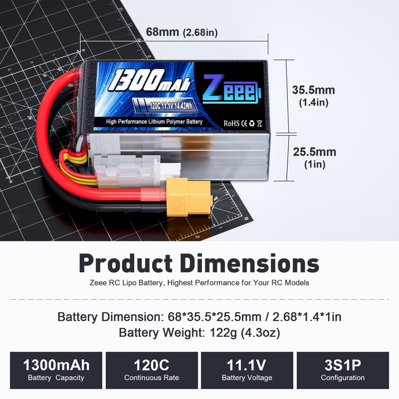 Zeee 11.1V 120C 1300mAh 3S RC Lipo Battery Graphene Battery with XT60 Plug for FPV Racing Drone Quadcopter Helicopter Airplane RC Boat RC Car RC Models(2 Pack)
