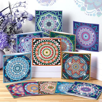 Saillong 12 Pack Mandala Diamond Painting Greeting Card Kits DIY Diamond Art Cards with Envelopes Flower 5D Rhinestones Painting Kits for Adults DIY Crafts Family Friend Birthday Gifts - color: Mandala