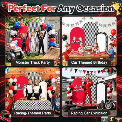 Racing Party Arch Backdrop Cover Set of 3, Spandex 4ft 5ft 6ft Checkered Flag Race Car Chiara Arch Covers for Birthday Baby Shower – Red Black White Stretchy Fitted Round Top Backdrop Cover - color: Black White Checkered Racing Theme Party Arch Raci