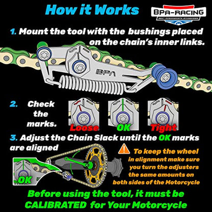 BPA–Racing Motorcycle Chain Slack Adjuster Tool - Innovative Chain Tensioner Tool For Easy, Quick & Precise Chain Slack Adjustment- Chain Alignment Tool (Blue) - color: Blue