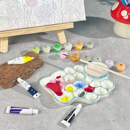 Blue Ceramic Paint Palette with Built-in Washing Area and Large Mixing Area
